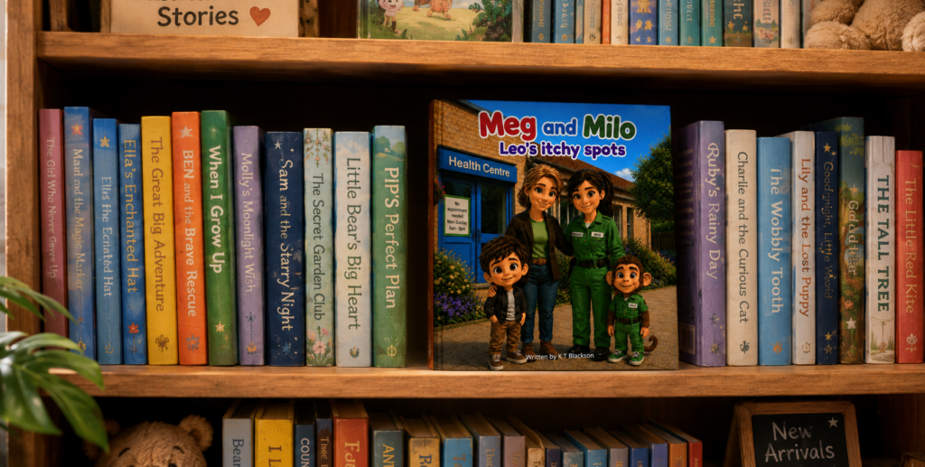 meg and milo book on a book shelf
