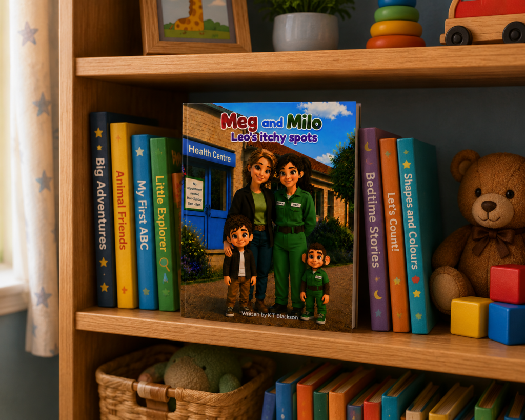 “Children’s book Meg and Milo: Leo’s Itchy Spots displayed on a cozy wooden bookshelf, surrounded by colorful kids’ books, a teddy bear, plants, and toys in a warm, softly lit nursery setting.”