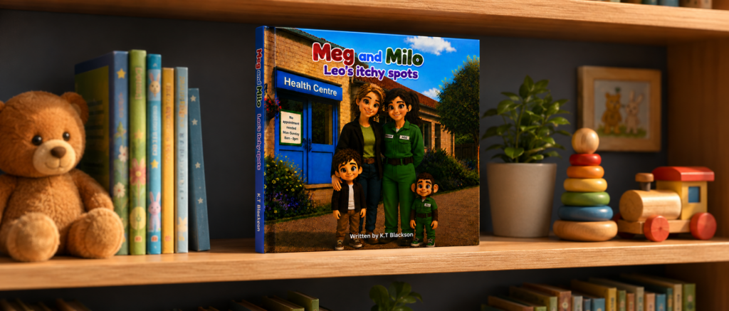 “Children’s book Meg and Milo: Leo’s Itchy Spots displayed on a cozy wooden bookshelf, surrounded by colorful kids’ books, a teddy bear, plants, and toys in a warm, softly lit nursery setting.”
