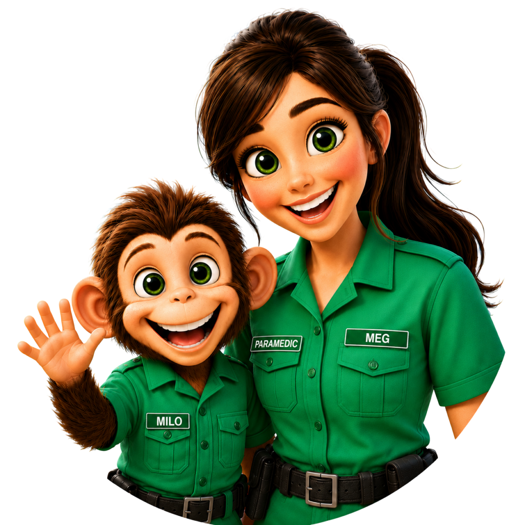 Illustrated character portrait of Meg, a friendly paramedic in a green uniform, standing beside Milo, a cheerful monkey companion in a matching green uniform. Both have bright green eyes and warm smiles, with Milo waving enthusiastically. The image has a clean transparent background and a welcoming, child-friendly style.