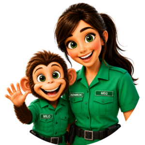 Illustrated character portrait of Meg, a friendly paramedic in a green uniform, standing beside Milo, a cheerful monkey companion in a matching green uniform. Both have bright green eyes and warm smiles, with Milo waving enthusiastically. The image has a clean transparent background and a welcoming, child-friendly style.