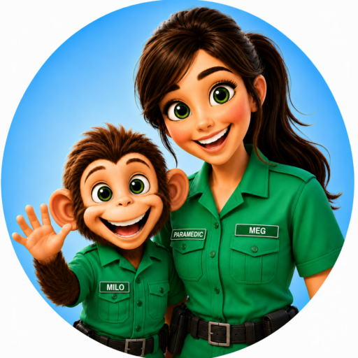 Meg the paramedic and Milo the monkey welcoming children to Meg & Milo Town.