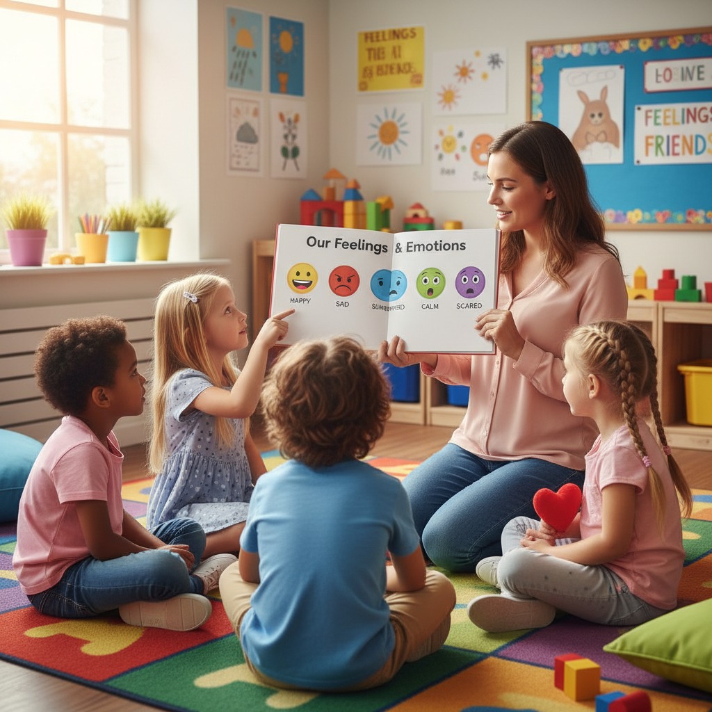 “Teacher sitting on a classroom floor reading a picture book about emotions to a small group of children, with illustrations of ‘anger’ and ‘joy,’ surrounded by toys and art supplies in a bright, child-friendly room.”