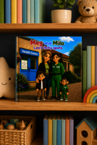 “Children’s book Meg and Milo: Leo’s Itchy Spots displayed on a cozy wooden bookshelf, surrounded by colorful kids’ books, a teddy bear, plants, and toys in a warm, softly lit nursery setting.”