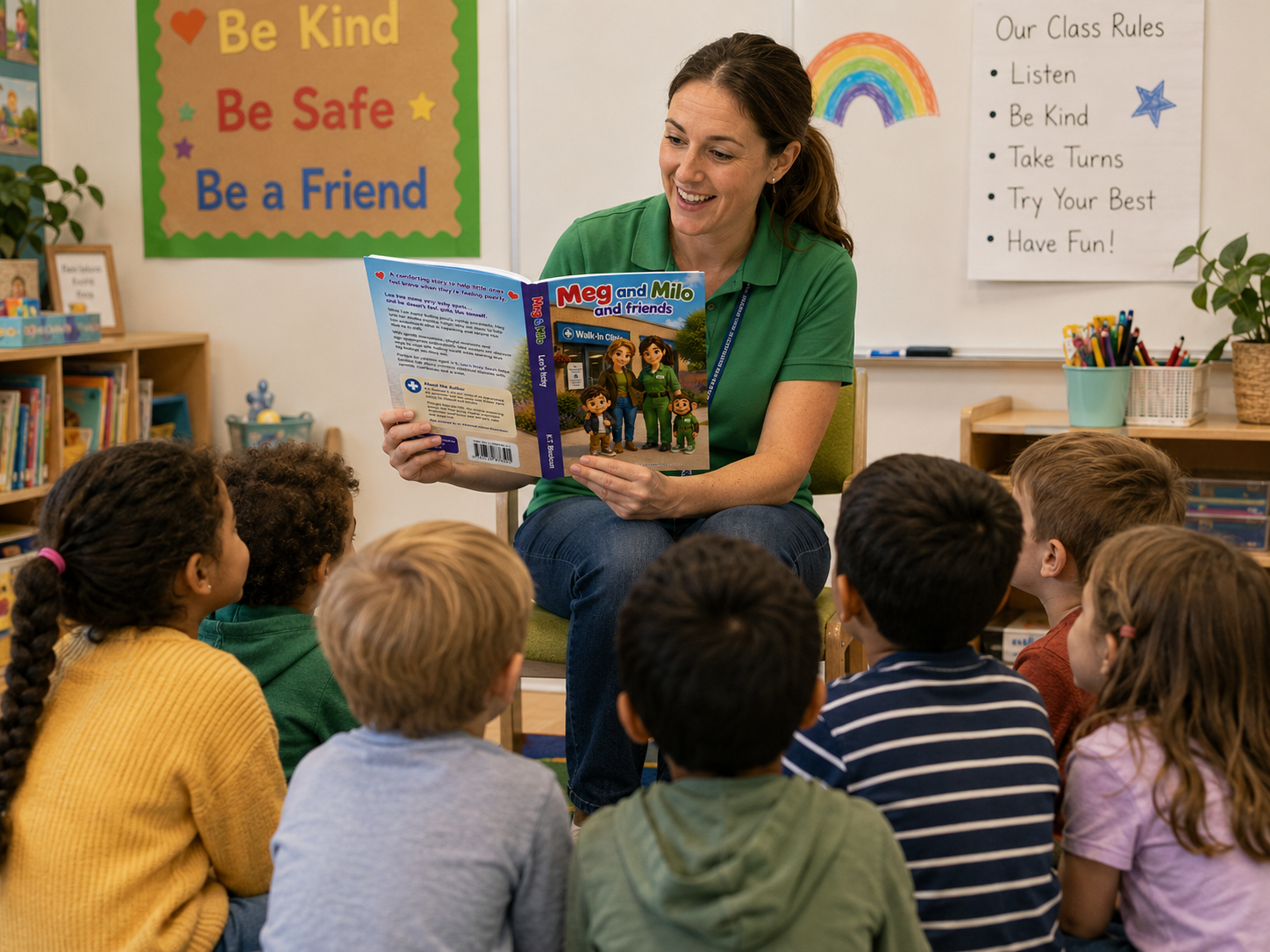 teacher reading meg and milo